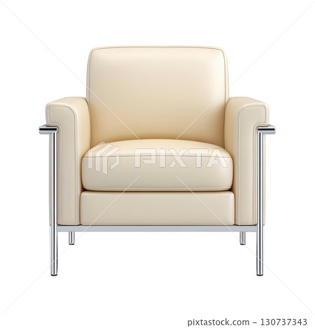 Modern Elegant Chair with Cream Upholstery and Sleek Metal Frame in a Minimalist Style Setting 130737343