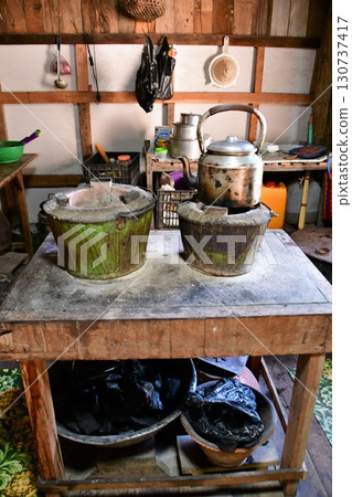 Myanmar, Inle Lake, Phaung Daw Oo, kitchen of a traditional house 130737417