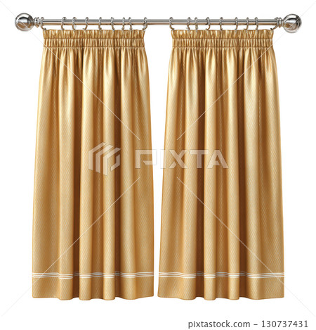 Elegant golden curtains with pleats and metallic rod for stylish home decor and interior design enhancement 130737431