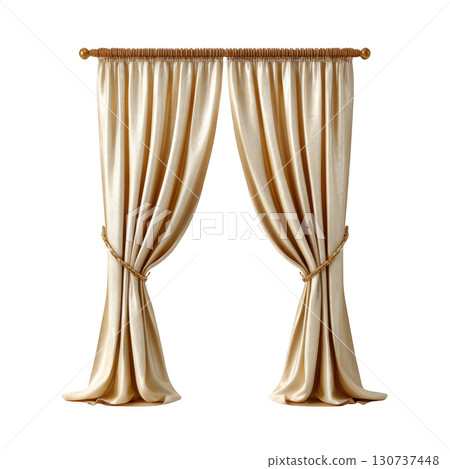 Elegant and Luxurious Cream Drapery Curtains with Tassels Designed for Interior Spaces in Soft Lighting Elegant and Luxurious Cream Drapery Curtains with Tassels Designed for Interior Spaces in Soft Lighting 130737448