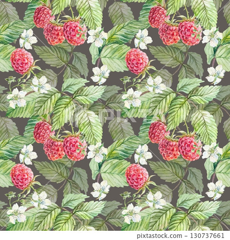 Raspberry seamless pattern watercolor. Hand drawn beautiful botanical branch with red berries, white flowers and green leaves on a dark background. For textile design, wrapping paper and scrapbooking. 130737661