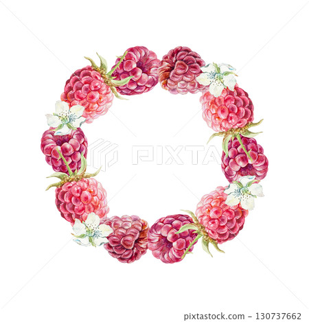 Raspberry wreath watercolor. Hand drawn illustration of beautiful ripe berries and white flowers isolated. For jam, marmalade and drink label design. 130737662