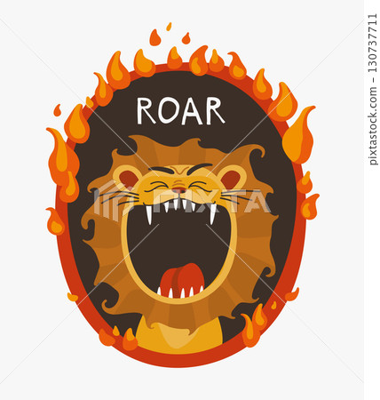 Poster lion with an open mouth and a burning ring and the inscription roar on a white background Poster lion with an open mouth and a burning ring and the inscription roar on a white background 130737711