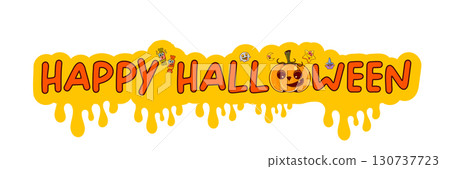 Halloween Funny cartoon pumpkin and Happy Halloween text for a wide banner. This design includes various Halloween elements and features the isolated text on a transparent background 130737723