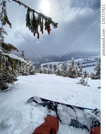 Snowboard on Snowy Mountain Slope 130737921