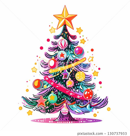 Christmas tree illustration decorated with colorful ornaments and stars Christmas tree illustration decorated with colorful ornaments and stars 130737933