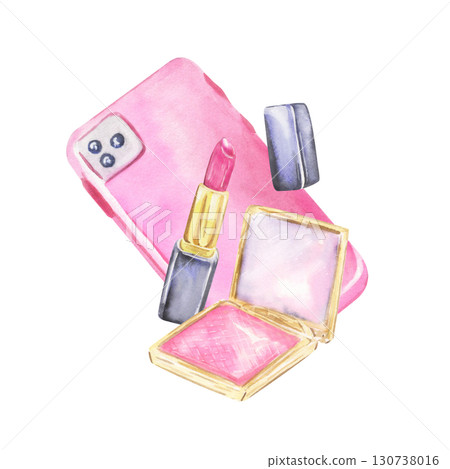 Pink smartphone, lipstick and powder compact watercolor illustration 130738016