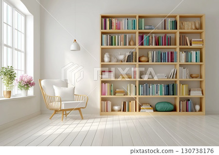 明亮的客廳裡擺放著色彩繽紛的書架和室內植物 130738176
