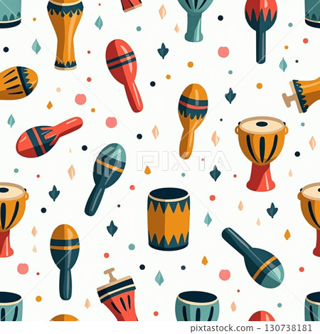 Festive patterned seamless background with colorful drums and maracas music Festive patterned seamless background with colorful drums and maracas music 130738181