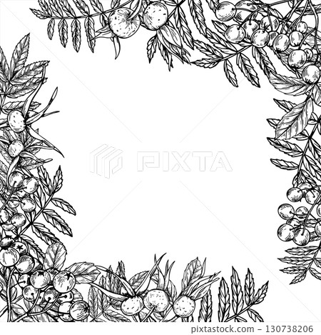 Square border of monochrome autumn ripe wild berries on branch with leaves with copy space for text. Rowan and rose hip plant vector isolated linear drawing. Mountain ash and dog rose berries frame 130738206