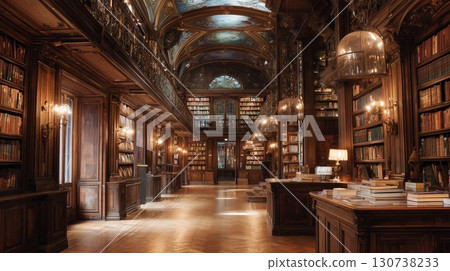 The interior of a majestic European-style classical library 130738233