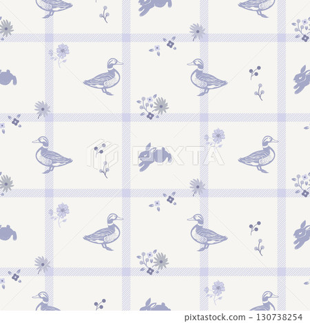 Windowpane Plaid Pattern with flowers, ducks and rabbits Seamless. Scottish hunt Checkered Background. Purple and cream pastel colors Fashion Textile Design Windowpane Plaid Pattern with flowers, ducks and rabbits Seamless. Scottish hunt Checkered Background. Purple and cream pastel colors Fashion Textile Design 130738254