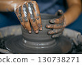 Hands of craftsman artist working on pottery wheel. 130738271