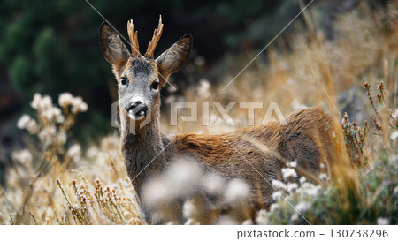 Curious Deer Standing Calmly in Natural Autumn Meadow with Soft Focus Background 130738296