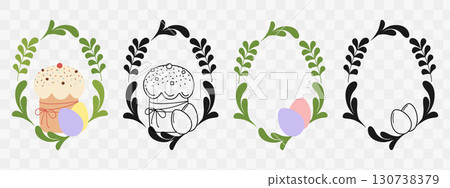 Easter Cake with Painted Eggs and Abstract Leaves Eggs Shape Frame Inks and Color Copyspace Template Easter Cake with Painted Eggs and Abstract Leaves Eggs Shape Frame Inks and Color Copyspace Template 130738379