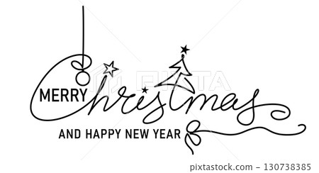 Merry Christmas card with lettering. Christmas tree and lettering isolated on white background. 130738385