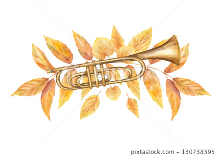 Watercolor musical classical brass trumpet lying on golden elm leaves illustration on isolated background. Hand painted trombone and autumn foliage. For jazz festivals, cultural event, concert poster Watercolor musical classical brass trumpet lying on golden elm leaves illustration on isolated background. Hand painted trombone and autumn foliage. For jazz festivals, cultural event, concert poster 130738395