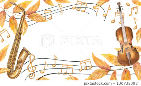 Musical frame with violin, saxophone, wavy staff notes and autumn yellow leaves. Watercolor illustration on isolated background. Horizontal fall border with copy space for text. For invitations Musical frame with violin, saxophone, wavy staff notes and autumn yellow leaves. Watercolor illustration on isolated background. Horizontal fall border with copy space for text. For invitations 130738398