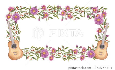 Musical floral horizontal frame with empty space for text. Watercolor acoustic six string guitars and autumn pink chrysanthemum border on isolated background. Fall daisy flowers and music instruments 130738404