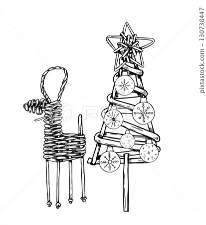 Wicker deer figurine, Christmas tree decorated star and balls black and white vector isolated illustration. Scandinavian Yule traditions. Xmas composition for holiday cards, winter packaging 130738447
