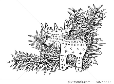 Scandinavian style wooden moose silhouette with traditional Nordic patterns and spruce branches monochrome vector illustration. Fir twigs, deer animal graphic sketch for winter holiday design Scandinavian style wooden moose silhouette with traditional Nordic patterns and spruce branches monochrome vector illustration. Fir twigs, deer animal graphic sketch for winter holiday design 130738448