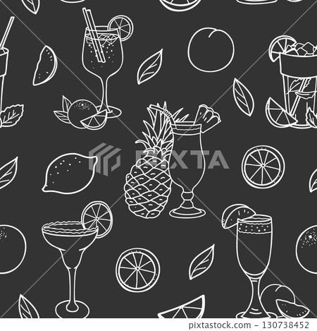 Summer Cocktails and Fruits Seamless pattern. White line art on a black background. Aperol Spritz, Mojito, Margarita, Bellini and Pina Colada. Hand drawn graphic Vector illustration in Doodle style. Summer Cocktails and Fruits Seamless pattern. White line art on a black background. Aperol Spritz, Mojito, Margarita, Bellini and Pina Colada. Hand drawn graphic Vector illustration in Doodle style. 130738452