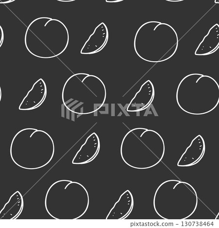 Peach seamless graphic pattern in minimalistic style. White line art on a black background. Hand drawn vector illustration of whole Fruit and Cut Slices isolated on a white background. For product Peach seamless graphic pattern in minimalistic style. White line art on a black background. Hand drawn vector illustration of whole Fruit and Cut Slices isolated on a white background. For product 130738464