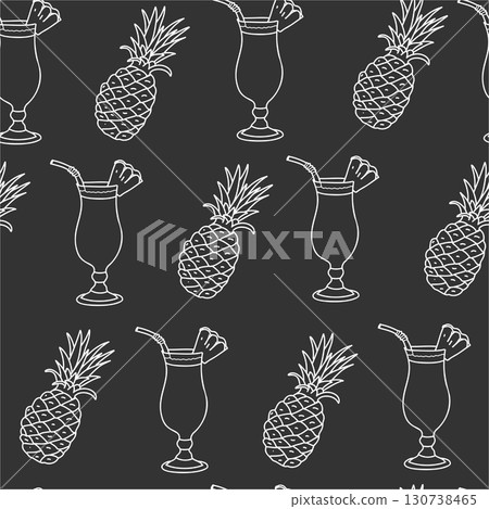 Summer Pina Colada Cocktail and Pineapple Fruit Seamless pattern. Hand drawn graphic Vector illustration. White line art on a black background in Doodle style. 130738465