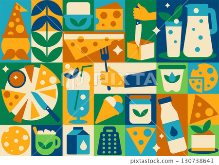 Seamless Geometric Milk and Cheese Pattern. Mosaic Food Background for Packaging and Textile Design Seamless Geometric Milk and Cheese Pattern. Mosaic Food Background for Packaging and Textile Design 130738641