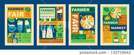 Farmer Market Posters with Milk and Cheese. Geometric Mosaic Food Flyers for Festival and Fair Promotion in a Vector Illustration Farmer Market Posters with Milk and Cheese. Geometric Mosaic Food Flyers for Festival and Fair Promotion in a Vector Illustration 130738642