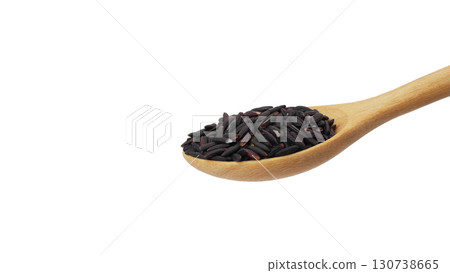 Close-up of riceberry rice in a wooden spoon isolated on white background, ideal for concepts of organic food Close-up of riceberry rice in a wooden spoon isolated on white background, ideal for concepts of organic food 130738665