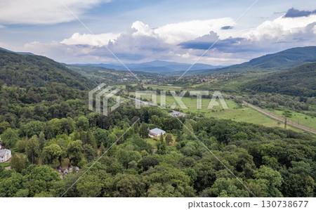 Green hills and forest landscape in summer. Chynadiieve, Ukraine. Green hills and forest landscape in summer. Chynadiieve, Ukraine. 130738677