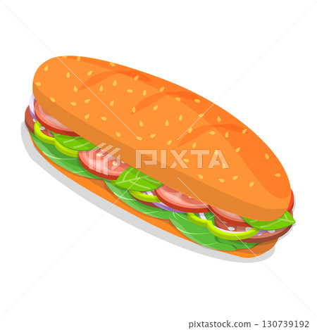 3D Isometric Flat Vector Illustration of baguette Sandwiches, Fast Food, Snacks. Item 1 3D Isometric Flat Vector Illustration of baguette Sandwiches, Fast Food, Snacks. Item 1 130739192