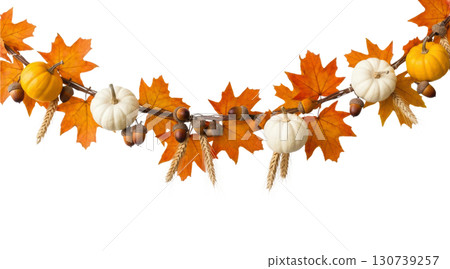Hanging Garland of many maple leaves, white and yellow pumpkins, acorns, ears of wheat on a white plain background. Decoration for Halloween or Thanksgiving. 130739257