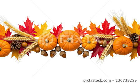 Hanging Garland of many maple leaves, white and yellow pumpkins, acorns, ears of wheat on a white plain background. Decoration for Halloween or Thanksgiving. 130739259