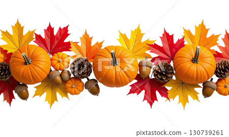 Hanging Garland of many maple leaves, white and yellow pumpkins, acorns, ears of wheat on a white plain background. Decoration for Halloween or Thanksgiving. 130739261