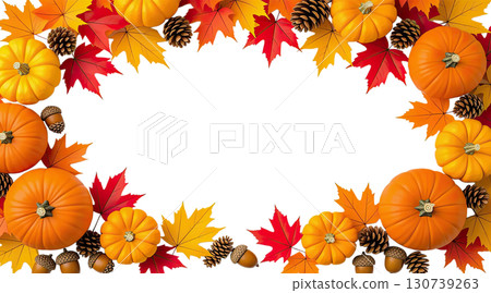 Hanging Garland of many maple leaves, white and yellow pumpkins, acorns, ears of wheat on a white plain background. Decoration for Halloween or Thanksgiving. Hanging Garland of many maple leaves, white and yellow pumpkins, acorns, ears of wheat on a white plain background. Decoration for Halloween or Thanksgiving. 130739263