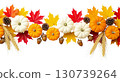 Hanging Garland of many maple leaves, white and yellow pumpkins, acorns, ears of wheat on a white plain background. Decoration for Halloween or Thanksgiving. 130739264