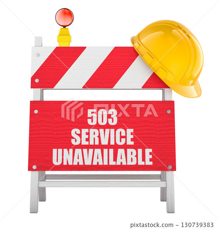503 service unavailable road barrier, construction sign with hard hat. 3D rendering 130739383