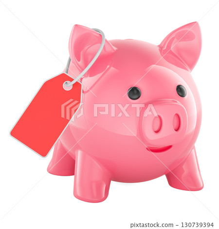 Piggy bank with price tag. 3D rendering Piggy bank with price tag. 3D rendering 130739394