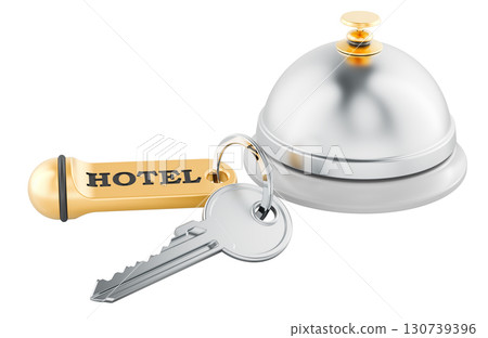 Reception service bell and hotel room key with keychain. 3D rendering 130739396