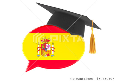 Spanish language learning, speech bubble with graduation cap. 3D rendering Spanish language learning, speech bubble with graduation cap. 3D rendering 130739397