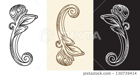 Hand drawing retro baroque design element scroll leaf vector 130739414
