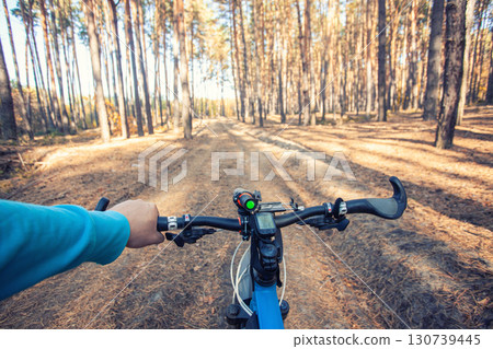 man cyclist rides in the forest on a mountain bike. first person view man cyclist rides in the forest on a mountain bike. first person view 130739445
