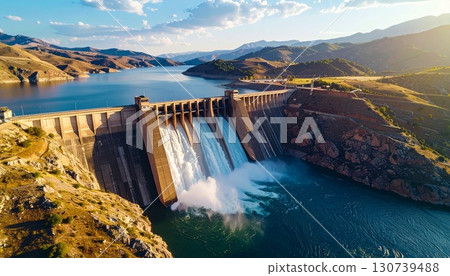 大壩和無人機流水的鳥瞰圖 130739488