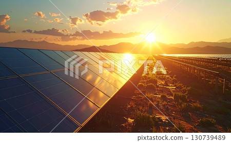 巨大的太陽能發電場上排列著太陽能板 巨大的太陽能發電場上排列著太陽能板 130739489