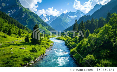 A clear river flowing through a lush mountain valley A clear river flowing through a lush mountain valley 130739524