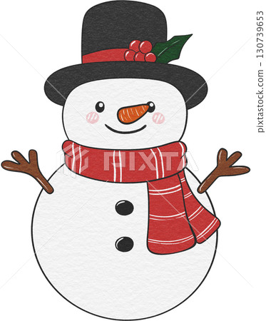 Cute snowman design with scarf and hat, perfect for winter and Christmas holiday decorations. 130739653