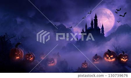 Halloween night view of an old castle and jack-o'-lanterns floating under the full moon 130739676