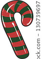 Red candy cane with green stripes, a festive sweet treat for holiday and Christmas designs. 130739697